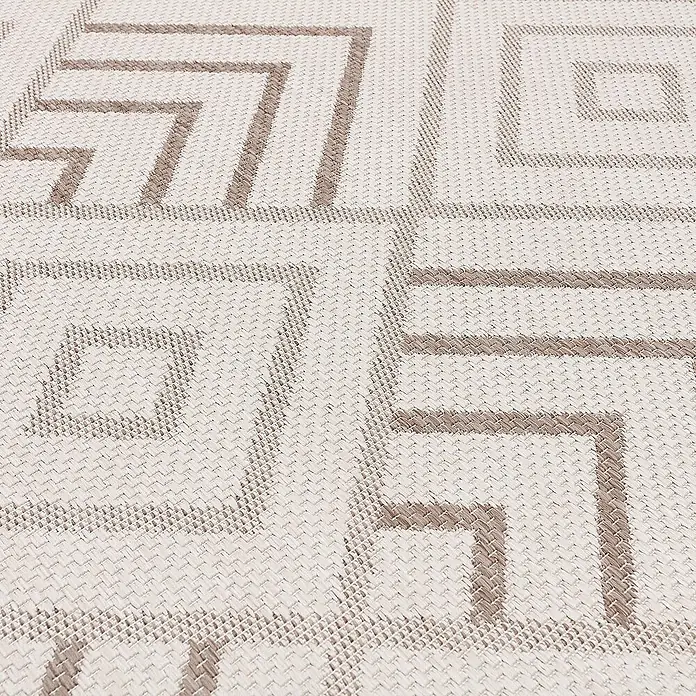 Dekoria Flachgewebeteppich - creme, beige, braun, 290 x 200 cm - Nahaufnahme eines hellen Teppichs mit geometrischem Muster in Braun. Das Muster besteht aus verschachtelten Quadraten und Linien.