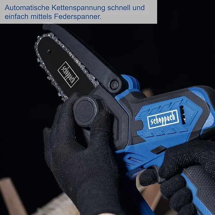 Scheppach IXES 20V Einhand-Akku-Kettensäge C-PS100-X - 20 V, 2 Ah, Li-Ionen, 1 Akku, Schwertlänge: 15 cm - Nahaufnahme der Scheppach Akku-Kettensäge mit automatischer Kettenspannung für schnelles und einfaches Arbeiten.