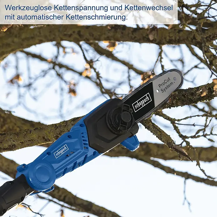 Scheppach IXES 20V Akku-Multitool C-PHTS410-X Set S - 1 Akku, Schnittlänge: 18 cm - Die Scheppach Hochentaster ermöglicht werkzeuglose Kettenspannung und Kettenwechsel mit automatischer Kettenschmierung.