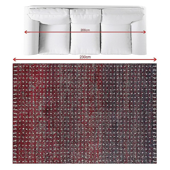 Dekoria Flachgewebeteppich - bordeaux, dunkelblau, 230 x 160 cm - Abbildung eines cremefarbenen Sofas über einem rot-gemusterten Teppich, die die Maße des Sofas angibt.