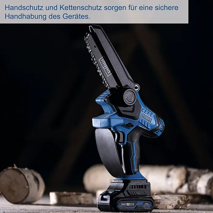 Scheppach IXES 20V Einhand-Akku-Kettensäge BC-PS150-X Set S - 20 V, 2 Ah, Li-Ionen, 1 Akku - Die akkubetriebene Kettensäge von Scheppach sorgt für einfaches und sicheres Arbeiten beim Beschneiden von Ästen.