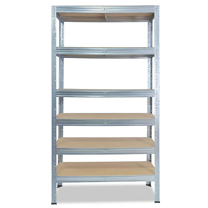 shelfplaza Schwerlastregal PRO - H x B x T: 180 x 75 x 40 cm, Traglast pro Boden: 200 kg, Stecken, verzinkt - Abbildung eines freistehenden Metallregals mit sechs Regalböden für Lagerzwecke.