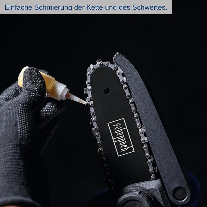 Scheppach IXES 20V Einhand-Akku-Kettensäge C-PS100-X - 20 V, 2 Ah, Li-Ionen, 1 Akku, Schwertlänge: 15 cm - Einfache Schmierung der Kette und des Schwertes.\n