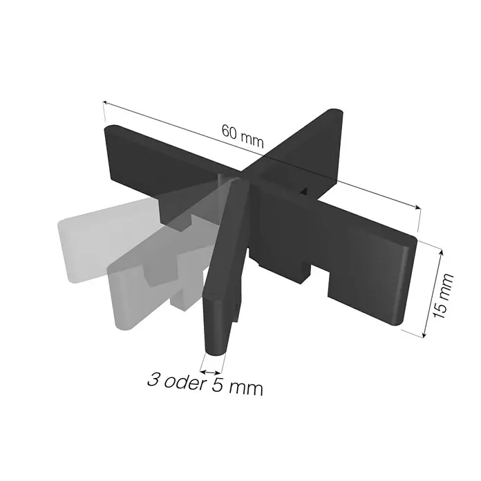 Fliesenkreuz FK - 50 Stk., Breite: 0,5 cm, Kunststoff - Produktdarstellung eines schwarzen, kreuzförmigen Abstandshalters mit den Maßen 60 mm Länge, 15 mm Höhe und 3 oder 5 mm Dicke.