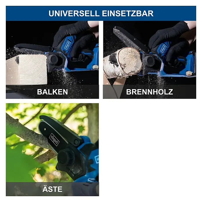 Scheppach IXES 20V Einhand-Akku-Kettensäge C-PS100-X - 20 V, 2 Ah, Li-Ionen, 1 Akku, Schwertlänge: 15 cm - Vielseitig einsetzbare Akku-Kettensäge von Scheppach zum Sägen von Balken, Brennholz und Ästen. Ideal für Haus und Garten.