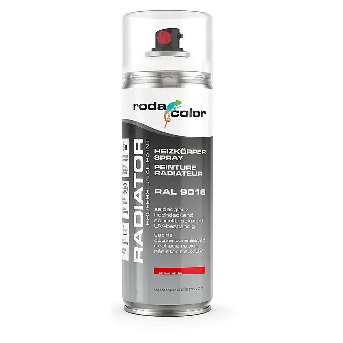RodaColor Farbspray Heizkörperspray Sprühlack 400ml RAL9016 Verkehrsweiss - RAL9016 - Verkehrsweiss, Sprühdose - Abbildung einer Sprühdose Roda Color Heizkörperspray RAL 9016, hochwertig, schnell trocknend und UV-beständig für Heizkörper.