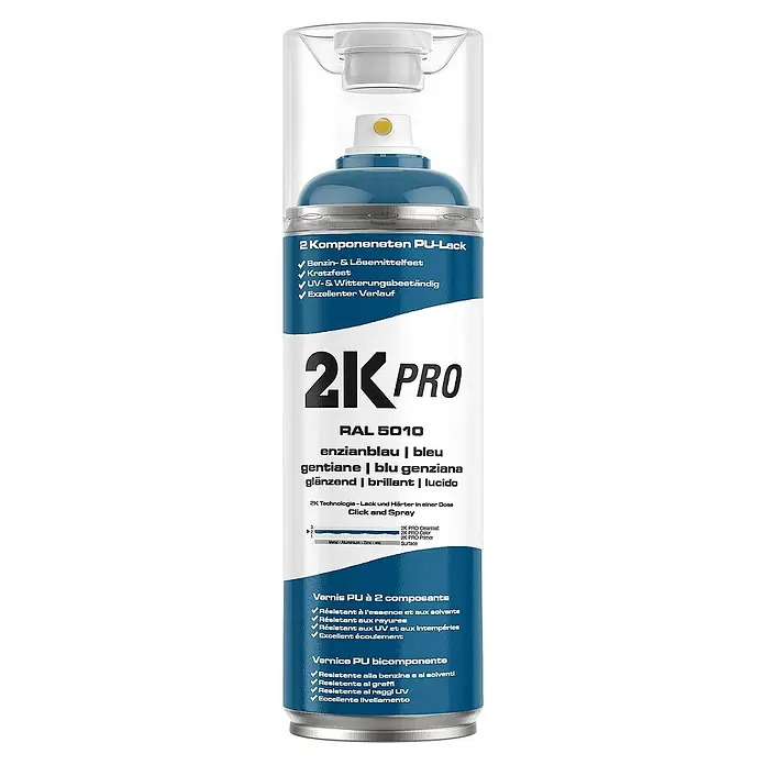 2K Pro Farbspray 2 Komponenten Sprühfarbe 400ml RAL5010 Enzianblau Glanz - RAL5010 - Enzianblau Glanz, Sprühdose - Produktbild einer 2K Pro RAL 5010 Enzianblau Sprühfarbe, glänzend und mit 2-Komponenten PU-Lack für optimale Ergebnisse.
