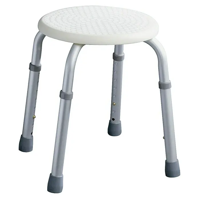 careosan Badhocker Easy Comfort Plus - Höhenverstellung: 35,5 cm - 51 cm, Belastbarkeit: 150 kg, Weiß - Ein runder, höhenverstellbarer Duschhocker mit silbernen Beinen und einer weißen Sitzfläche mit Drainagelöchern für mehr Komfort und Sicherheit.