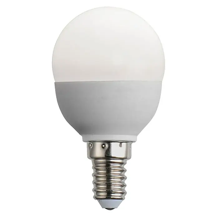 Just Light LED-Lampe Tropfenform E14 matt - E14, Dimmbar, Warmweiß, 200 lm, 3,5 W - Nahaufnahme einer LED-Lampe in Kugelform mit E14-Sockel. Das Leuchtmittel ist weiß und hat einen grauen Sockel und ein Gewinde aus Metall.