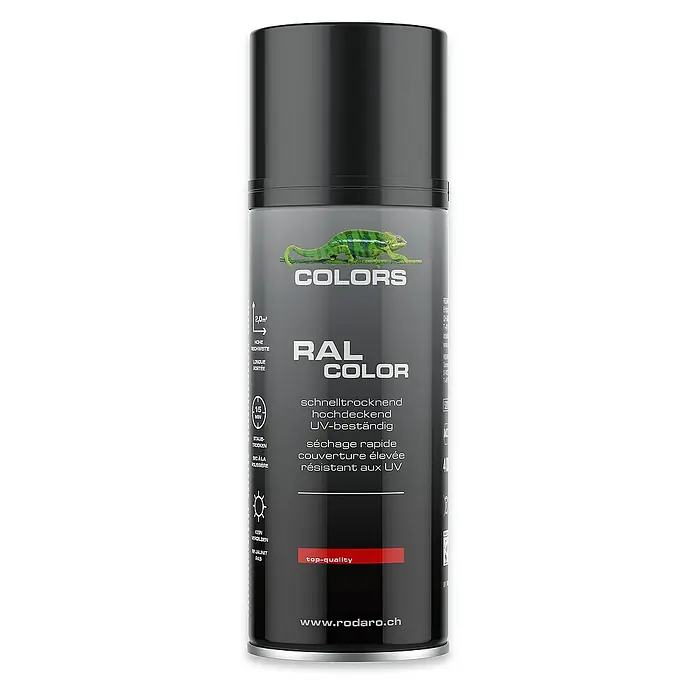 Colors Farbspray Sprühlack 400ml RAL9005 Tiefschwarz Glanz - RAL9005 Tiefschwarz Glanz, Sprühdose - Dose RAL Color Sprühlack, schnelltrocknend, hochdeckend und UV-beständig, mit Chamäleon-Motiv und dem Hinweis "top-quality".