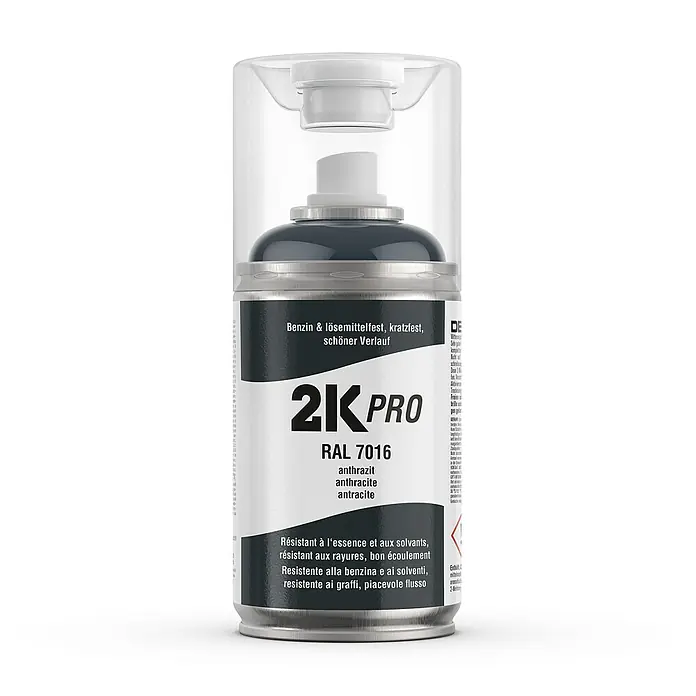 2K Pro Farbspray 2 Komponenten Sprühfarbe 250ml RAL7016 Anthrazit Glanz - RAL7016 - Anthrazit Glanz, Sprühdose - Dose 2K Pro RAL 7016 Anthrazit: Benzin- und lösemittelfest, kratzfest und mit einem schönen Verlauf für professionelle Ergebnisse.