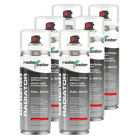 RodaColor  Farbspray Heizkörperspray Sprühlack 400ml RAL9010 Reinweiss 6er Set