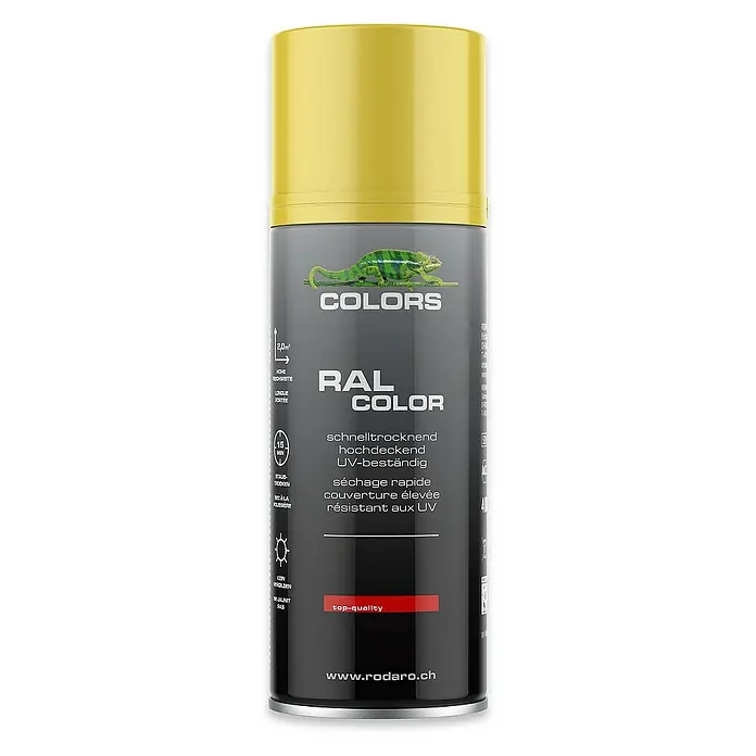 Colors Farbspray Sprühlack 400ml RAL 1021 Rapsgelb Glanz - RAL 1021 Rapsgelb Glanz, Sprühdose - Dose RAL-Farbspray in Gelb mit einem Chamäleon-Logo, schnelltrocknend, hochdeckend und UV-beständig.
