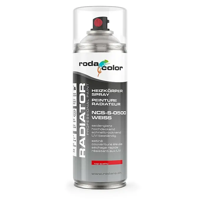 RodaColor Farbspray Heizkörperspray Sprühlack 400ml NCS S 0500 Weiss - NCS S 0500 - Weiss, Sprühdose - Dose Heizkörperspray von roda color für professionelle Lackierung, in seidenmattem Weiß, schnelltrocknend und UV-beständig.