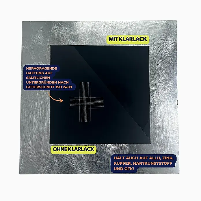 Brantho Korrux Farbspray 3 in 1 Rostschutzlack - All-in-One 400ml RAL5010 - Enzianblau Seidenglanz - RAL5010 - Enzianblau Seidenglanz, Sprühdose - Produktfoto mit Hinweisen zur Haftung auf verschiedenen Untergründen, mit und ohne Klarlack.