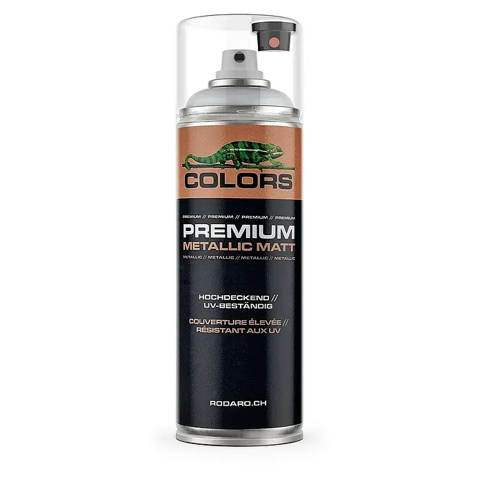 Colors Farbspray Sprühlack 400ml Metallic Silber Matt - Metallic Silber Matt, Sprühdose - Abbildung einer Dose Metallic-Matt-Farbspray von Colors Premium. Das Spray verspricht hohe Deckkraft und UV-Beständigkeit.
