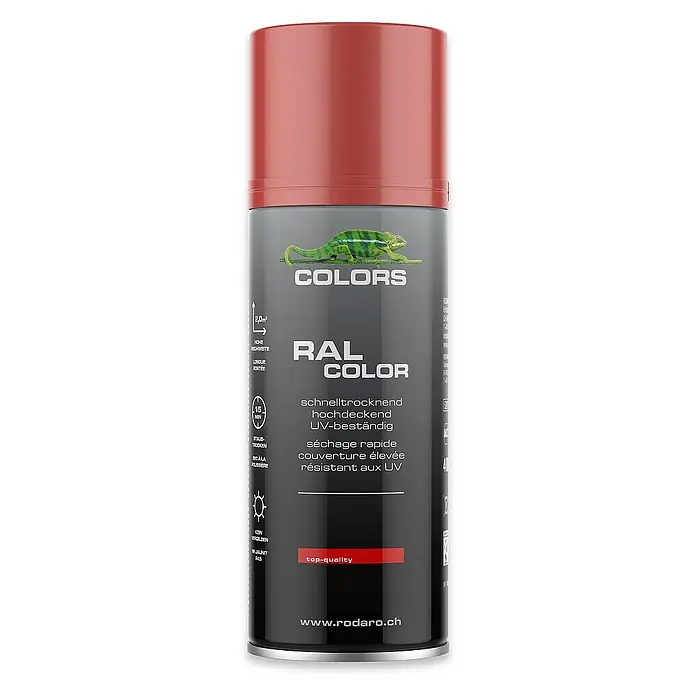 Colors Farbspray Sprühlack 400ml RAL3000 Feuerrot Glanz - RAL3000 Feuerrot Glanz, Sprühdose - Eine Dose RAL Colors Sprühfarbe mit einem Chamäleon-Logo, schnell trocknend und UV-beständig. Top-Qualität von rodaro.ch.