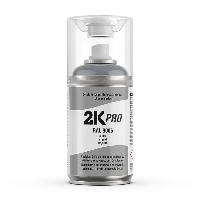 2K Pro Farbspray 2 Komponenten Sprühfarbe 250ml RAL9006 Silber Glanz - RAL9006 - Silber Glanz, Sprühdose - Eine Dose 2K Pro Sprühlack, RAL 9006 Silber, benzin- und lösemittelfest, kratzfest für eine schöne Oberfläche.