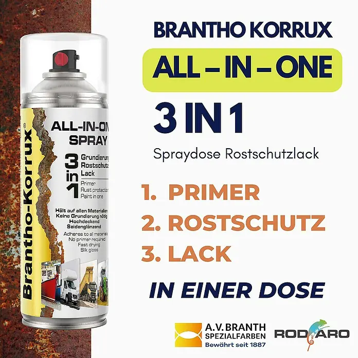 Brantho Korrux Farbspray 3 in 1 Rostschutzlack - All-in-One 400ml RAL9006 - Silber Seidenglanz - RAL9006 - Silber Seidenglanz, Sprühdose - Bild einer Dose Brantho Korrux All-in-One Rostschutzlack. 3 in 1: Grundierung, Rostschutz und Lack in einer einzigen Dose.
