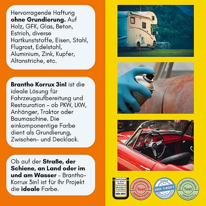 Brantho Korrux Farbspray 3 in 1 Rostschutzlack - All-in-One 400ml RAL9006 - Silber Seidenglanz - RAL9006 - Silber Seidenglanz, Sprühdose - Produktanzeige für Brantho-Korrux 3in1, einer vielseitigen Farbe für verschiedene Anwendungen, einschließlich Fahrzeugrestaurierung.