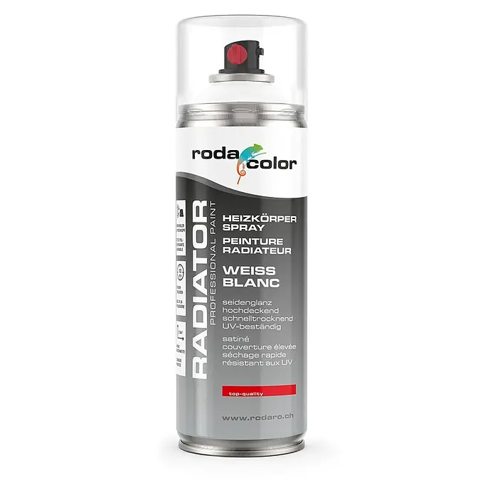 RodaColor Farbspray Heizkörperspray Sprühlack 400ml Weiss - Weiss, Sprühdose - Bild einer Dose Heizkörperspray der Marke Roda Color in Weiß. Ideal für ein gleichmäßiges, schnell trocknendes und UV-beständiges Ergebnis.