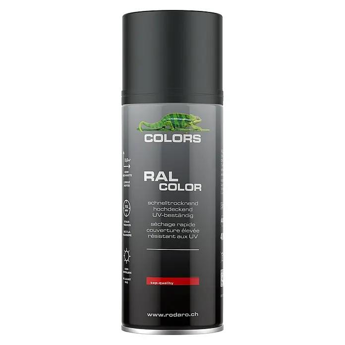 Colors Farbspray Sprühlack 400ml Schwarz Matt - Schwarz Matt, Sprühdose - Sprühdose "Colors RAL Color" mit Chamäleon-Motiv, schnelltrocknend, hochdeckend und UV-beständig für vielseitige Anwendungen.