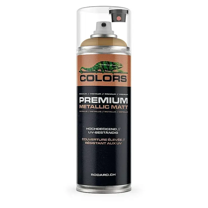 Colors Farbspray Sprühlack 400ml Metallic Gold Bronze Matt - Metallic Gold Bronze Matt, Sprühdose - Detailansicht einer Spraydose der Marke COLORS Premium Metallic Matt, die hochdeckend und UV-beständig ist.