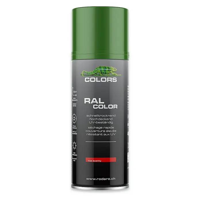 Colors Farbspray Sprühlack 400ml RAL6002 Laubgrün Glanz - RAL6002 Laubgrün Glanz, Sprühdose - Dose grüne RAL-Farbe mit Chamäleon-Logo, schnelltrocknend, hochdeckend und UV-beständig für vielfältige Anwendungen.