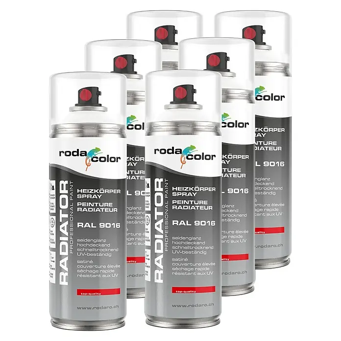 RodaColor Farbspray Heizkörperspray Sprühlack 400ml RAL9016 Verkehrsweiss 6er Set - RAL9016 - Verkehrsweiss, Sprühdose - Abbildung von mehreren Dosen Roda Color Heizkörperspray RAL 9016, ideal zum Lackieren von Heizkörpern.