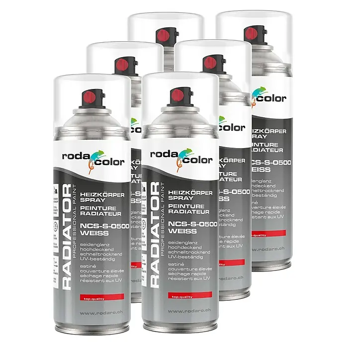 RodaColor Farbspray Heizkörperspray Sprühlack 400ml NCS S 0500 Weiss 6er Set - NCS S 0500 - Weiss, Sprühdose - Mehrere Dosen Roda Color Heizkörperspray Weiß NCS-S-0500, ein hochwertiges Lackspray für Heizkörper, das schnell trocknet und UV-beständig ist.