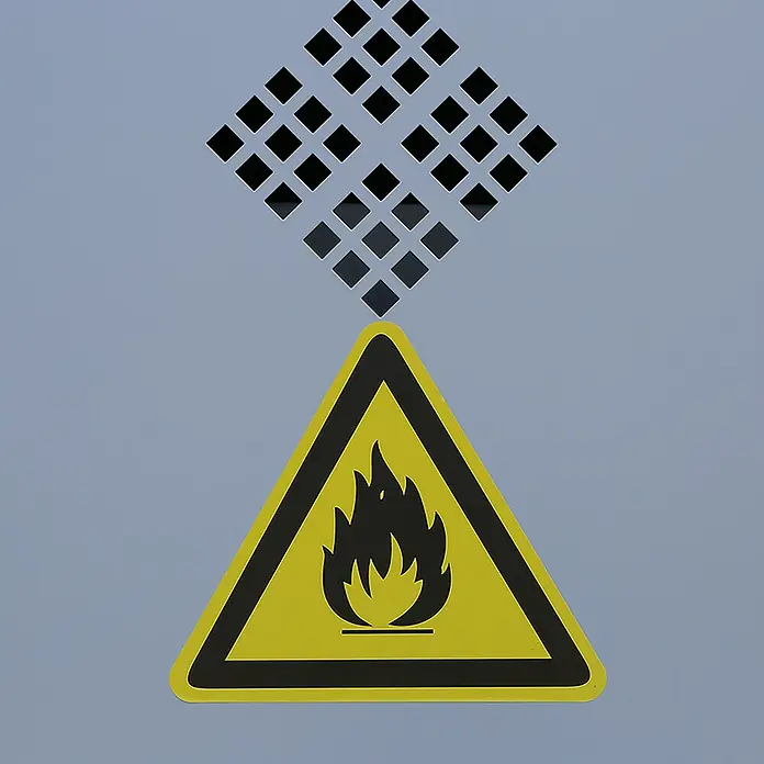 Lüllmann Gefahrstoffschrank - H x B x T: 195 x 91,6 x 42,2 cm, Lichtgrau/Rapsgelb, Fertig montiert, Anzahl Böden: 4 Stk. - Ein gelbes Warnschild mit einem schwarzen Flammen-Symbol darunter, vor einem Gitter auf grauem Untergrund.