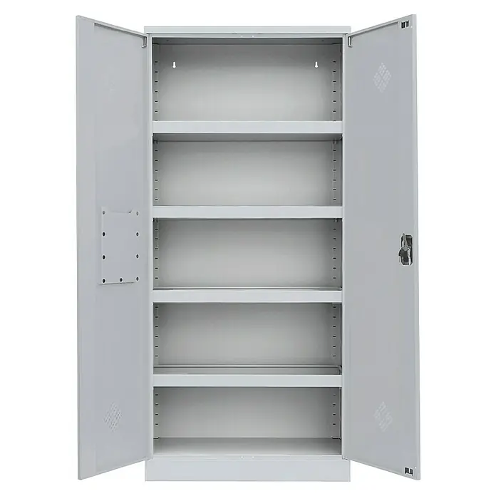Lüllmann Gefahrstoffschrank - H x B x T: 195 x 91,6 x 42,2 cm, Lichtgrau, Fertig montiert, Anzahl Böden: 4 Stk. - Abbildung eines geöffneten, leeren Metallschranks mit fünf Regalen, ideal für Büro oder Werkstatt, in neutralem Grau.