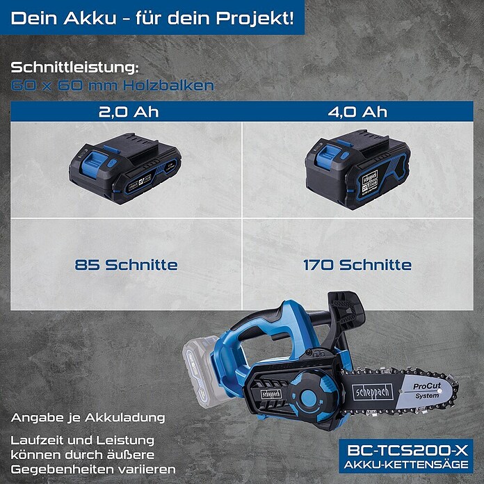 Scheppach IXES 20V Akku-Kettensäge BC-TCS200-X (20 V, 4 Ah, Li-Ionen, 1 Akku, Schwertlänge: 20 cm) | BAUHAUS