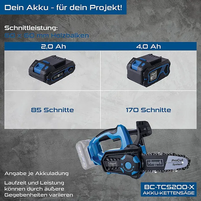 Scheppach IXES 20V Akku-Kettensäge BC-TCS200-X Set L - 20 V, 4 Ah, Li-Ionen, 1 Akku, Schwertlänge: 20 cm - Akku-Kettensäge BC-TCS200-X von Scheppach mit 2,0 Ah und 4,0 Ah Akku für 85 bzw. 170 Schnitte in 60 x 60 mm Holzbalken.
