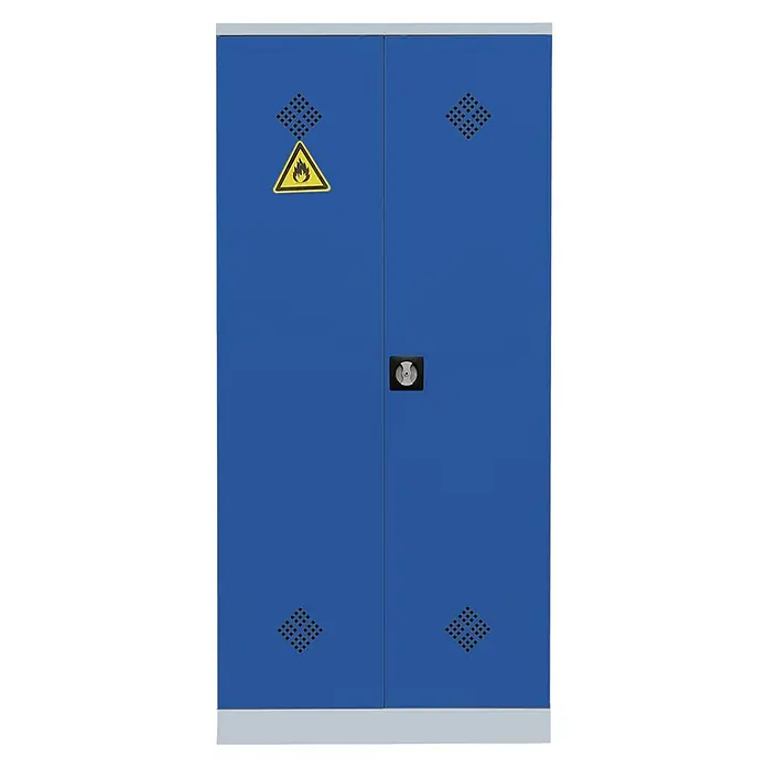 Lüllmann Gefahrstoffschrank - H x B x T: 195 x 91,6 x 42,2 cm, Lichtgrau/Enzianblau, Fertig montiert, Anzahl Böden: 4 Stk. - Ein blauer Sicherheitsschrank mit doppelten Türen, Warnzeichen für brennbare Stoffe und Lüftungsöffnungen.