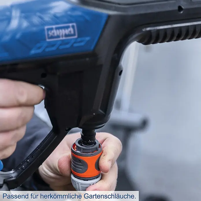 Scheppach IXES 20V Akku-Druckreiniger C-HPG35-X Set S - 20 V, 1 Akku, 2 Ah, 180 l/h - Der Scheppach Hochdruckreiniger mit passendem Anschluss für herkömmliche Gartenschläuche für eine einfache und bequeme Nutzung.