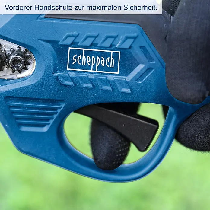 Scheppach IXES 20V Akku-Astschere BC-PRS28-X Set S - 20 V, 1 Akku, Li-Ionen - Detailaufnahme einer Scheppach Akku-Astschere mit Handschutz für maximale Sicherheit beim Schneiden von Ästen.