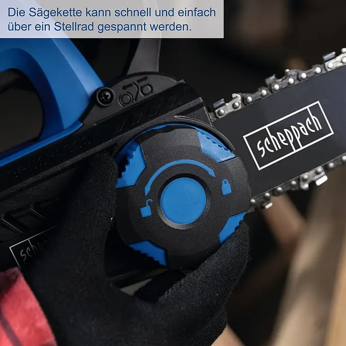 Scheppach IXES 20V Akku-Kettensäge BC-TCS200-X Set L - 20 V, 4 Ah, Li-Ionen, 1 Akku, Schwertlänge: 20 cm - Nahaufnahme einer Scheppach Kettensäge, die die einfache Spannung der Sägekette mit einem Stellrad zeigt.