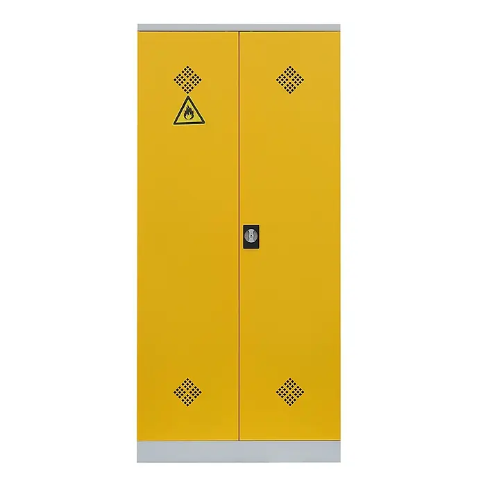 Lüllmann Gefahrstoffschrank - H x B x T: 195 x 91,6 x 42,2 cm, Lichtgrau/Rapsgelb, Fertig montiert, Anzahl Böden: 4 Stk. - Gelber Sicherheitsschrank mit zwei Türen, Warnsymbol für brennbare Stoffe und Lüftungsschlitzen zur Aufbewahrung von Gefahrstoffen.
