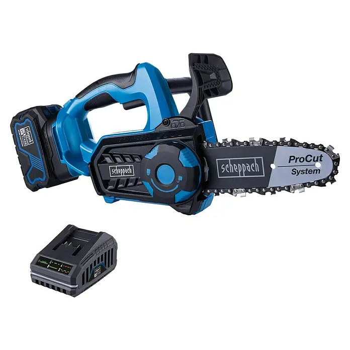 Scheppach IXES 20V Akku-Kettensäge BC-TCS200-X Set L - 20 V, 4 Ah, Li-Ionen, 1 Akku, Schwertlänge: 20 cm - Abbildung einer Scheppach Akku-Kettensäge, ideal für Gartenarbeiten. Inklusive Akku und Ladegerät für sofortigen Einsatz.