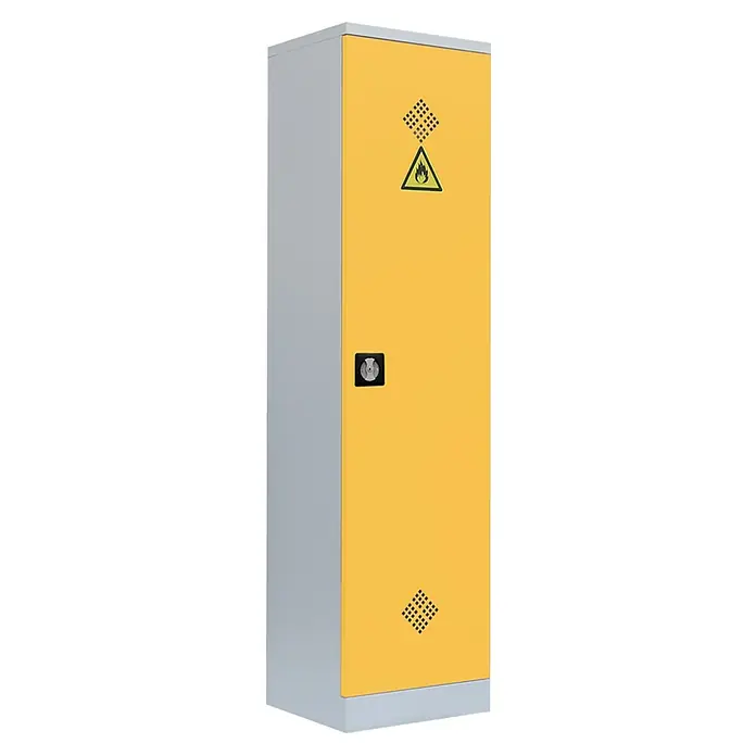 Lüllmann Gefahrstoffschrank - H x B x T: 195 x 50 x 42,2 cm, Lichtgrau/Rapsgelb, Fertig montiert, Anzahl Böden: 4 Stk. - Schmaler, gelber Sicherheitsschrank zur Lagerung von entzündlichen Stoffen, mit silberner Seite und Warnsymbol für Entflammbarkeit.