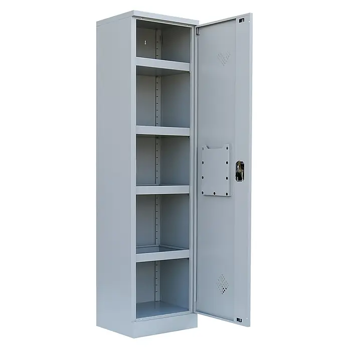 Lüllmann Gefahrstoffschrank - H x B x T: 195 x 50 x 42,2 cm, Lichtgrau, Fertig montiert, Anzahl Böden: 4 Stk. - Ein grauer Stahlschrank mit offener Tür und mehreren Regalböden. Er bietet viel Stauraum und ist ideal für Werkstatt oder Büro.