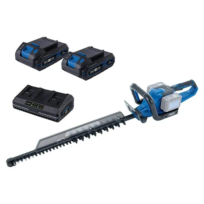 Scheppach IXES 20V Akku-Heckenschere BC-HT720-X Set S2 - 40 V, Li-Ionen, 2 Akkus, Schnittlänge: 65 cm - Scheppach Akku-Heckenschere mit zwei Akkus, Ladegerät und langem Schwert für präzise Gartenarbeit.