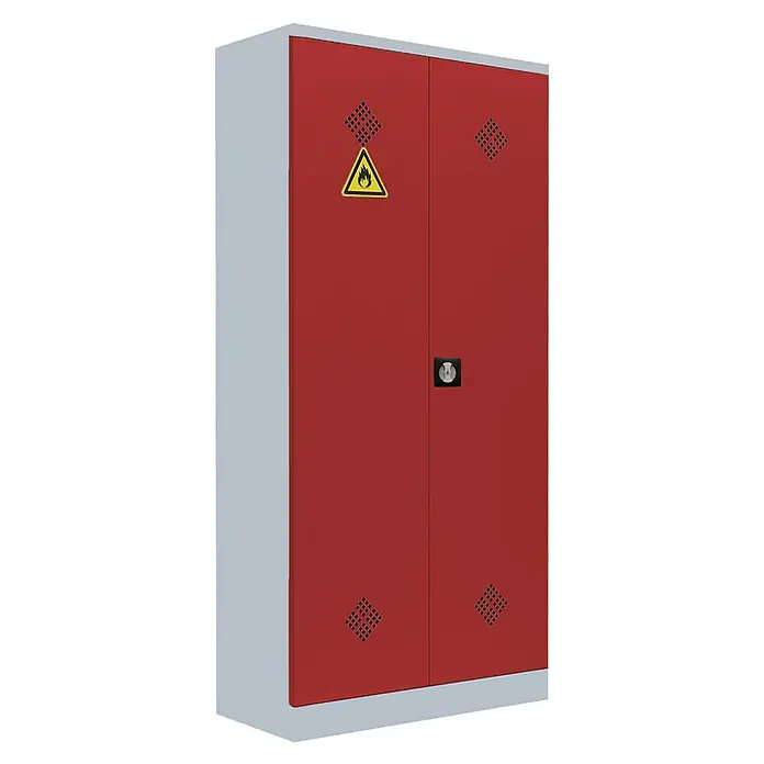 Lüllmann Gefahrstoffschrank - H x B x T: 195 x 91,6 x 42,2 cm, Lichtgrau/Feuerrot, Fertig montiert, Anzahl Böden: 4 Stk. - Roter Sicherheitsschrank mit Warnzeichen für brennbare Stoffe und Belüftungslöchern für sichere Lagerung.