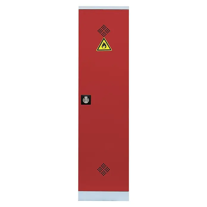 Lüllmann Gefahrstoffschrank - H x B x T: 195 x 50 x 42,2 cm, Lichtgrau/Feuerrot, Fertig montiert, Anzahl Böden: 4 Stk. - Roter Sicherheitsschrank mit Brandschutzzeichen, ideal zur sicheren Lagerung brennbarer Stoffe. Die robuste Konstruktion bietet optimalen Schutz.
