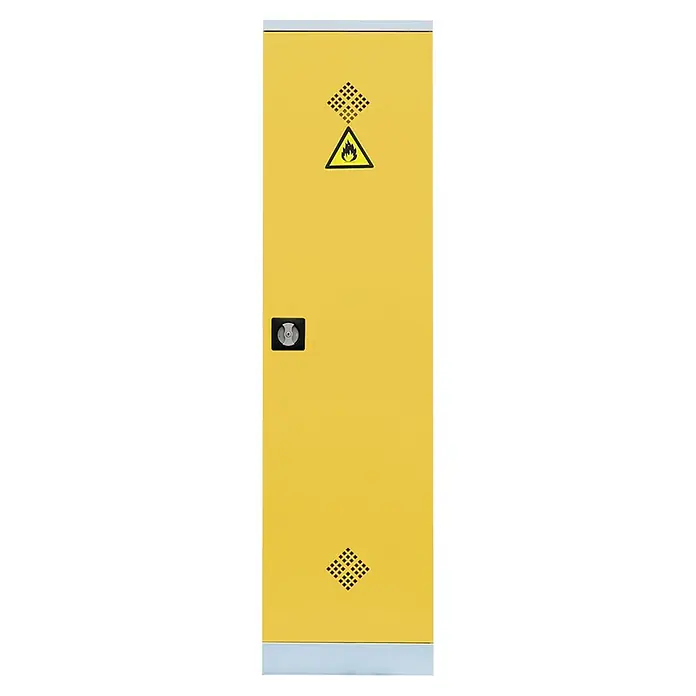 Lüllmann Gefahrstoffschrank - H x B x T: 195 x 50 x 42,2 cm, Lichtgrau/Rapsgelb, Fertig montiert, Anzahl Böden: 4 Stk. - Gelber Sicherheitsschrank für brennbare Stoffe mit Warnsymbolen und abschließbarer Tür zur sicheren Lagerung.