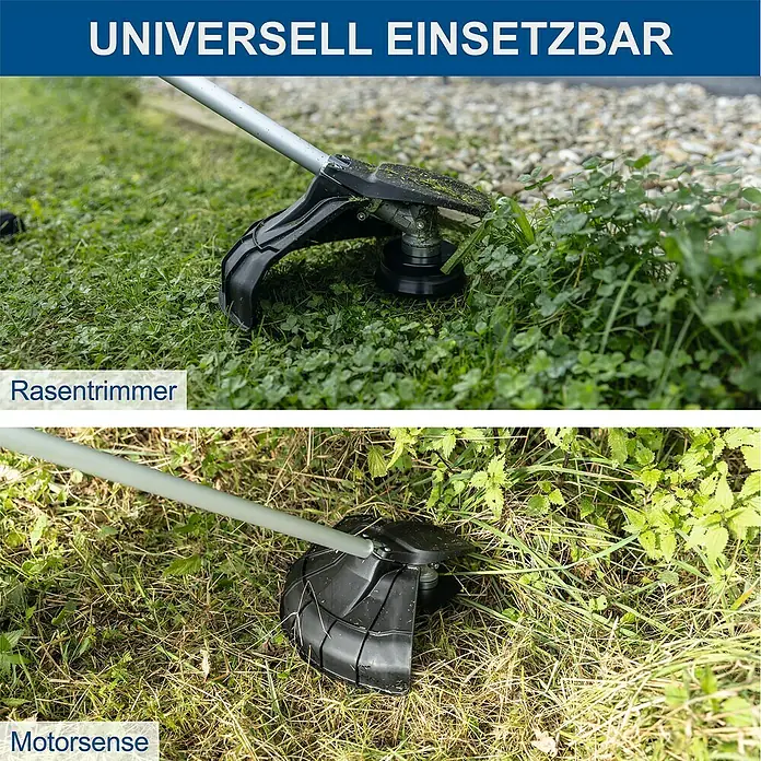Scheppach IXES 20V Akku-Freischneider BC-BCH380/40-X Set L - 40 V, 4 Ah, 2 Akkus, Schnittbreite Faden: 38 cm, Schnittbreite Messer: 25,5 cm - Rasentrimmer und Motorsense im Einsatz, vielseitig einsetzbar für Gartenarbeit. Die Geräte schneiden präzise Gras und Unkraut.