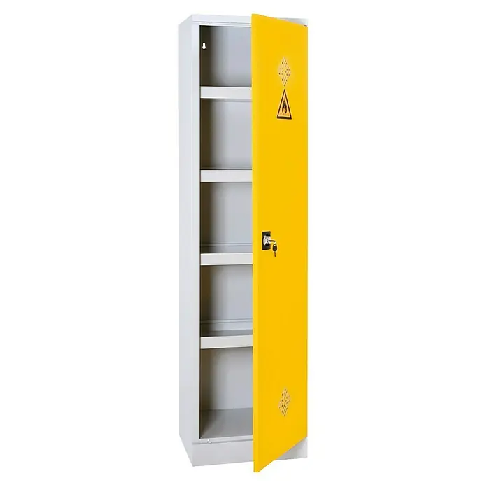 Lüllmann Gefahrstoffschrank - H x B x T: 195 x 50 x 42,2 cm, Lichtgrau/Rapsgelb, Fertig montiert, Anzahl Böden: 4 Stk. - Offener Sicherheitsschrank mit gelber Tür und Warnsymbol für brennbare Stoffe und mehreren Regalen für die Lagerung.