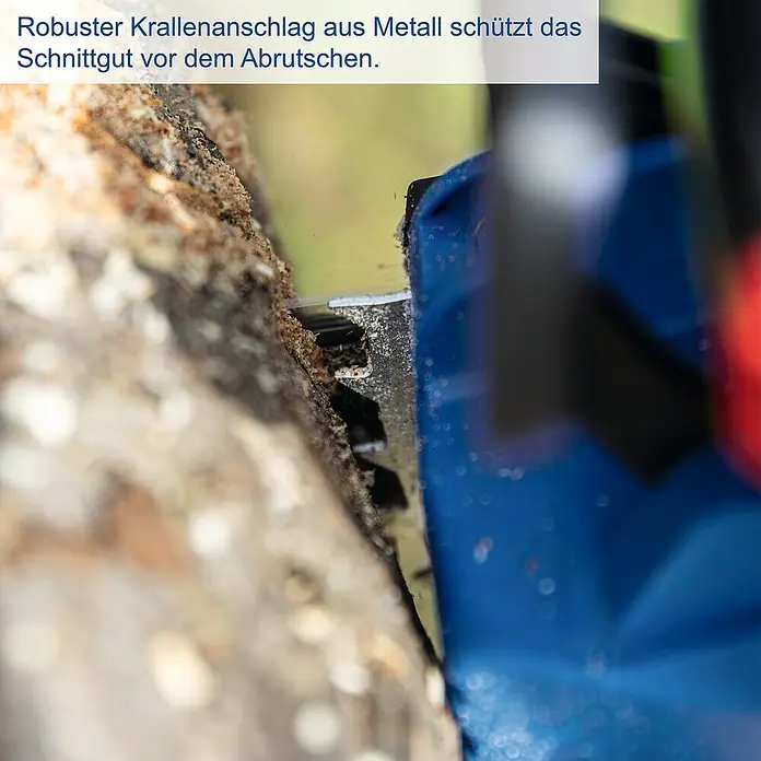 Scheppach IXES 20V Akku-Kettensäge BC-CS355DUO-X Set XL2 - 40 V, 4 Ah, Li-Ionen, 2 Akkus - Robuster Krallenanschlag aus Metall, der das Schnittgut vor dem Abrutschen schützt, sorgt für sicheres Sägen.