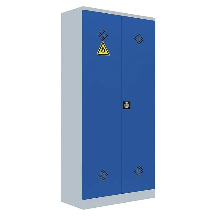 Lüllmann Gefahrstoffschrank - H x B x T: 195 x 91,6 x 42,2 cm, Lichtgrau/Enzianblau, Fertig montiert, Anzahl Böden: 4 Stk. - Blauer Sicherheitsschrank mit Flammenzeichen und Lüftungslöchern, ideal für die sichere Lagerung entzündlicher Stoffe in Betrieben.